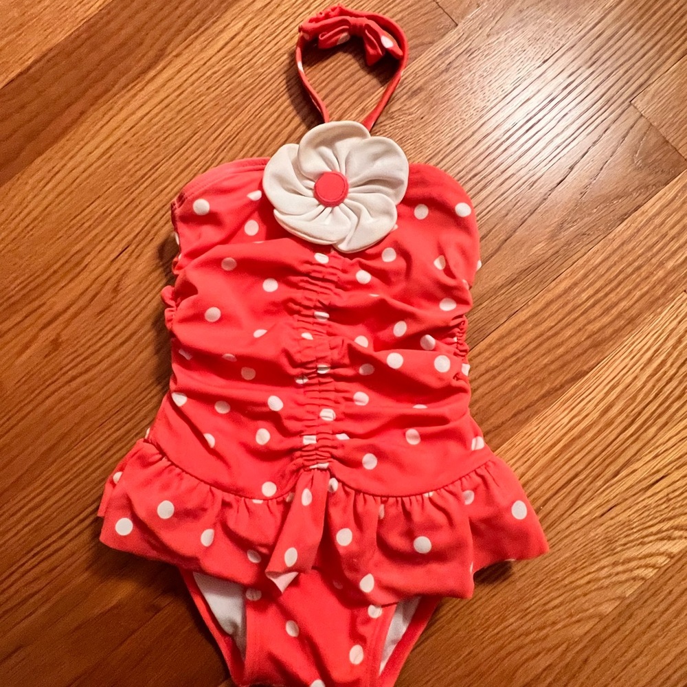 Janie & Jack little girls coral polka dot bathing suit